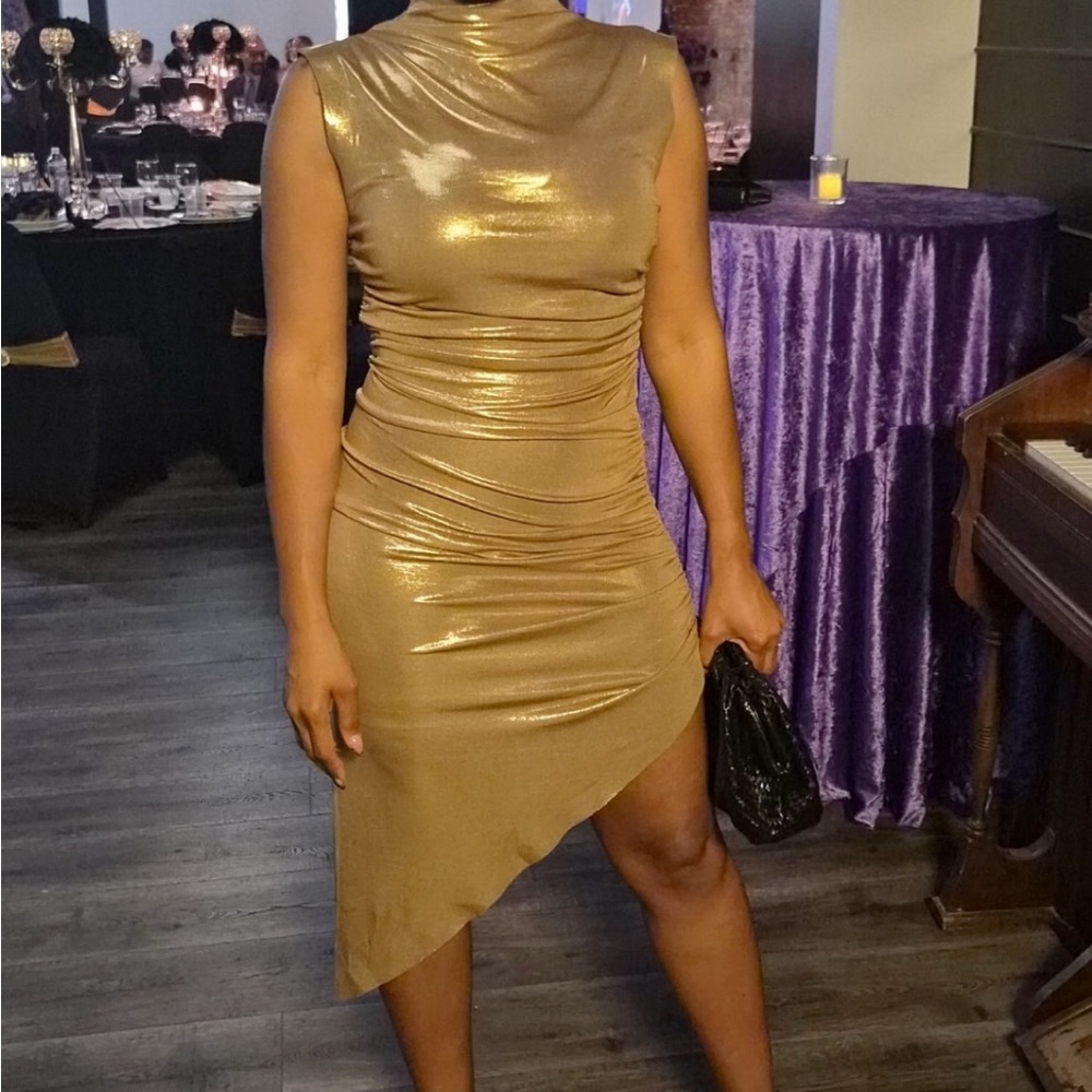 Norma Kamali Metallic Gold Asymmetrical Dress